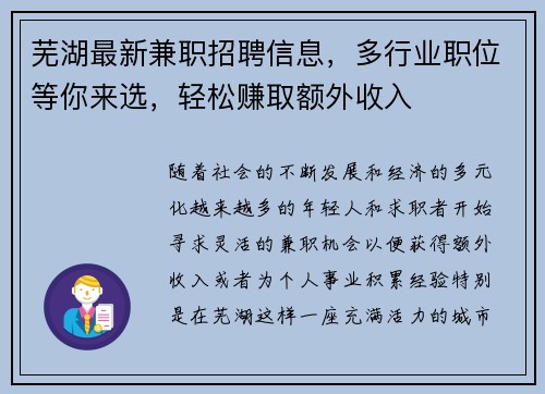 芜湖最新兼职招聘信息,多行业职位等你来选,轻松赚取额外收入